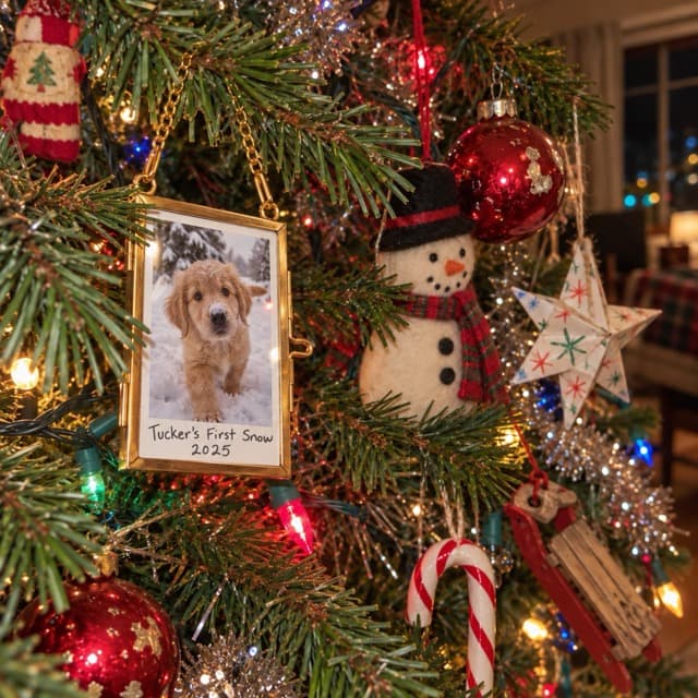 Sample C.'s ornament: puppy's first snow